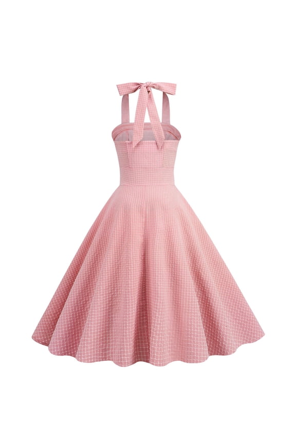 Style Retro Plaid Temperament Thin Boat Neckline High Waist Elastic Halterneck Tie Mid Length Hem Dress Women Dresses Casual Fall Dresses for Women Casual Summer Drawstring Waist Dress Sunday Dress