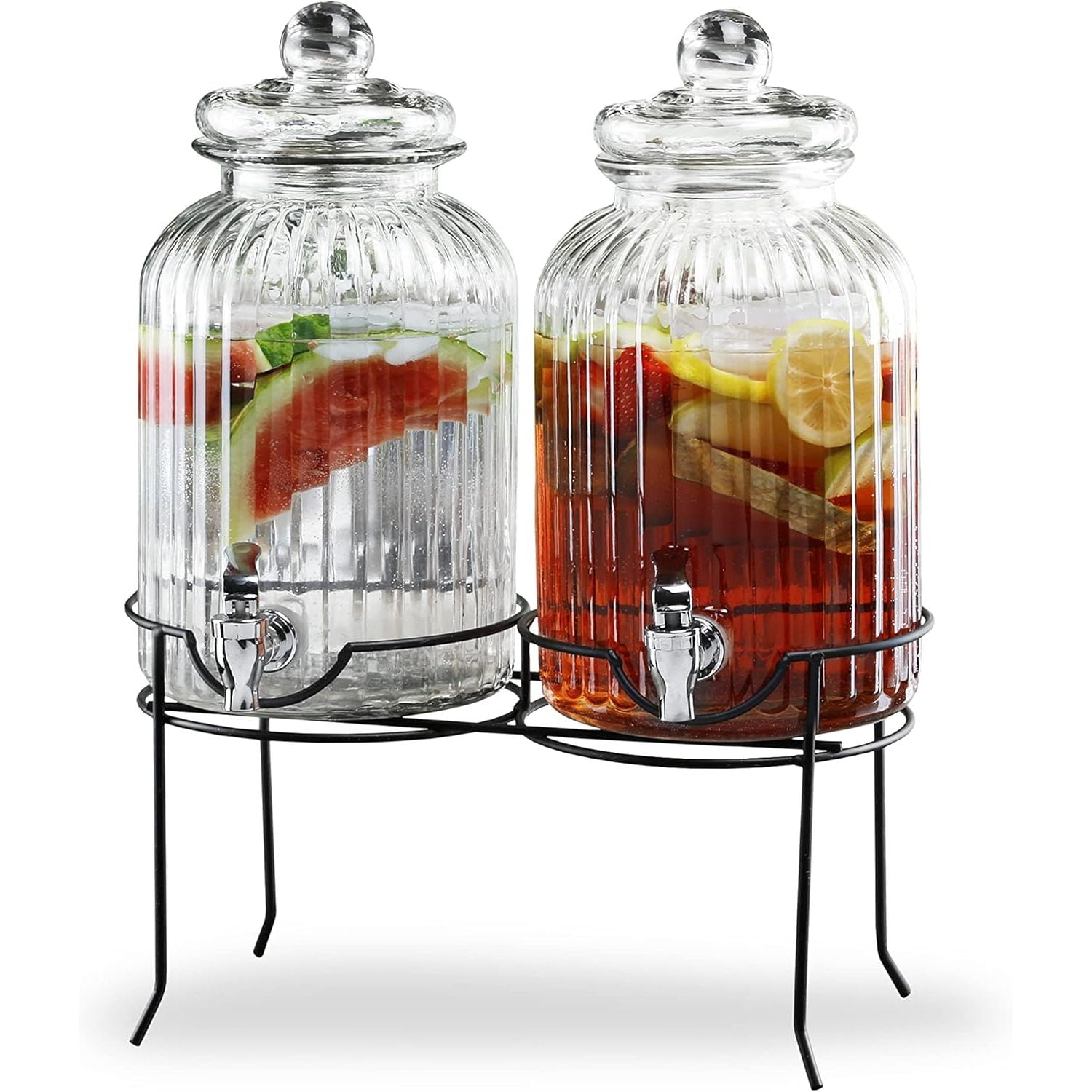 Clear Ribbed Glass Beverage Dispenser Set with Metal Stand