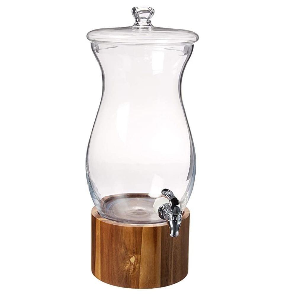 Style Setter, Clear Glass Cold Drink Beverage Dispenser with Spigot and Wood Stand, 1.6 Gallon