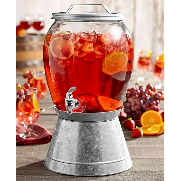 Style Setter, Round, Jaxon Clear Glass Drinks Beverage Dispenser with Spigot and Stand, 2 gal
