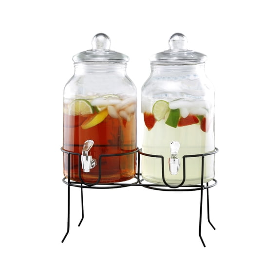 Style Setter, Rustic Home Clear Glass Dual Beverage Dispensers with Stand and Spigot, 1 gal Each