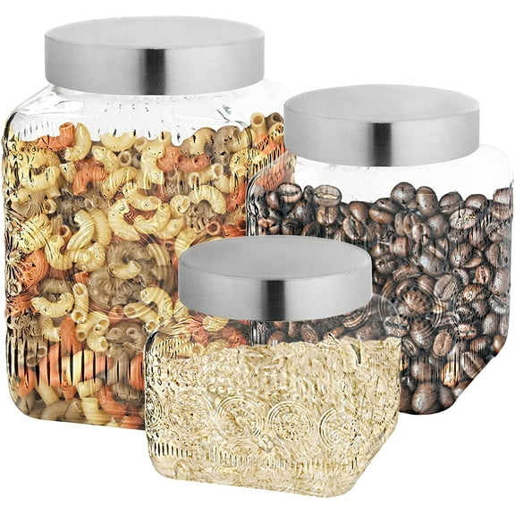 Style Setter, Square, Medallion Embossed Clear Glass Food Storage Containers with Lids, Set of 3