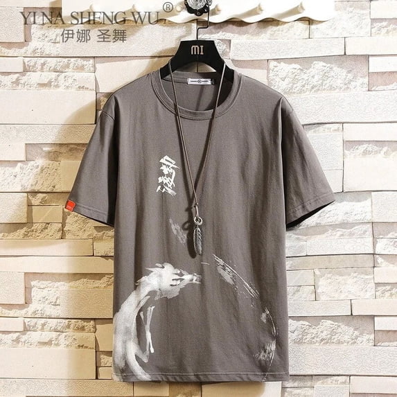 Style T Shirt Men Funny Anime Print O-Neck Japanese Loose Black White Gray Cotton Tshirts Male Summer Streetwear Fashion