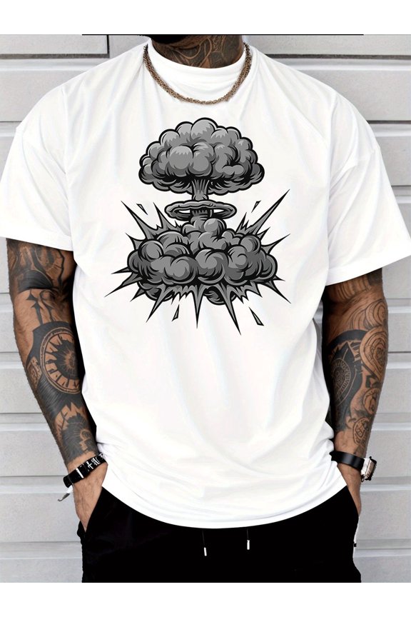 Style Trendy Casual Graphic T-Shirt with Double Mushroom Cloud Explosion Pattern