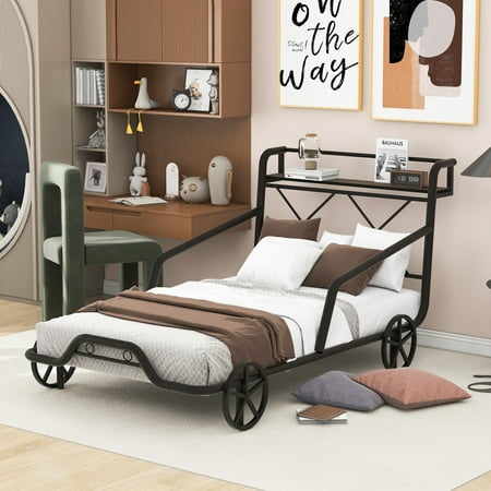 Style Twin Size Metal Car Bed with Four Wheels, Guardrails and X-Shaped Frame Shelf, Black