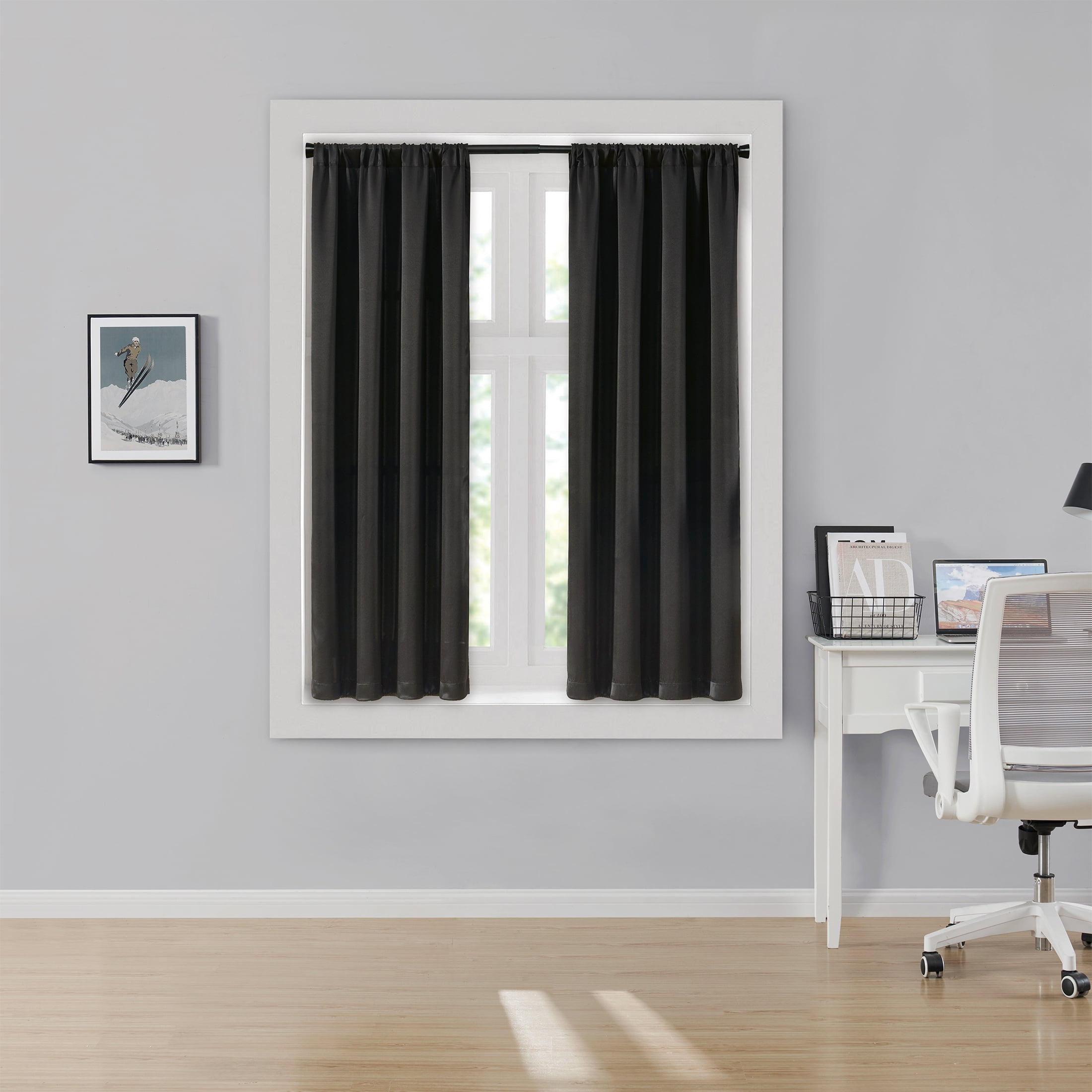 Style U 3-Piece Tension Rod and Black Solid Rod Pocket Room Darkening Indoor Curtain Set