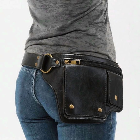 Style Waist Bag - Vintage Synthetic Leather Fanny Pack With Multiple Compartments, Golden Studs & Buckles For Women, Perfect For Outdoor Sports, Travel, And Casual Wear