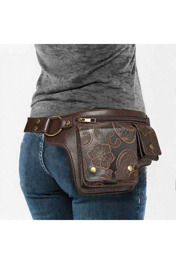 Style Waist Bag - Vintage Synthetic Leather Fanny Pack With Multiple Compartments, Golden Studs & Buckles For Women, Perfect For Outdoor Sports, Travel, And Casual Wear