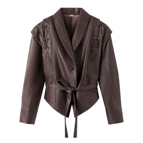 Style Women's Leather Jacket Belted Button Up Collar Coat Outerwear Fashionable Jacket