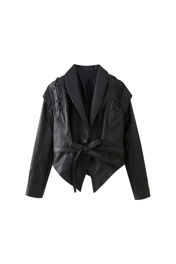 Style Women's Leather Jacket Button Up Belted Collar Outerwear Coat Fashionable Jacket