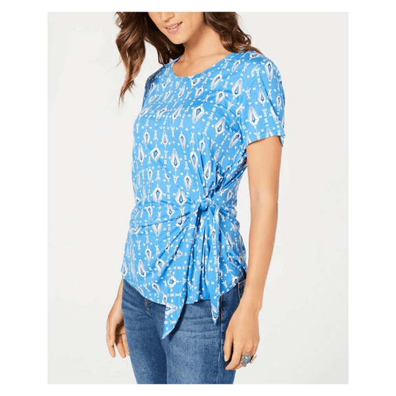 Style and Co Printed Side-Tie Top, Blue, XS