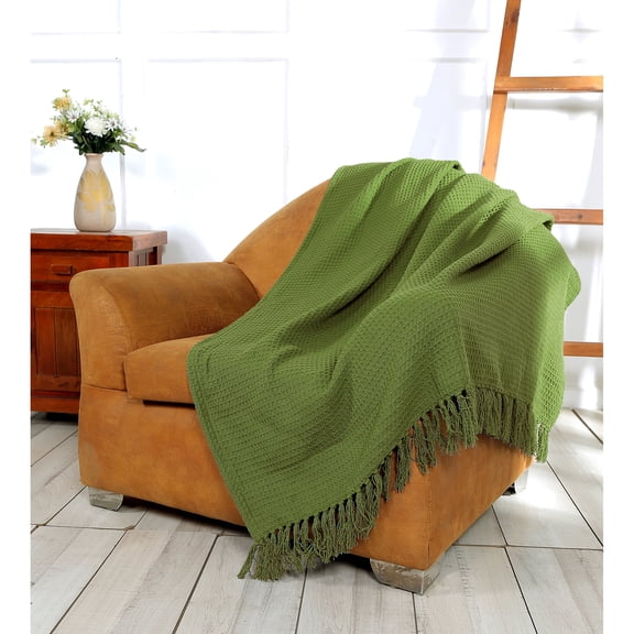 Style and Trend All Season Cotton Waffle Weave Throw Blanket with Fringed Edges, Soft Decorative Blanket for Couch, Bed and Sofa Sage