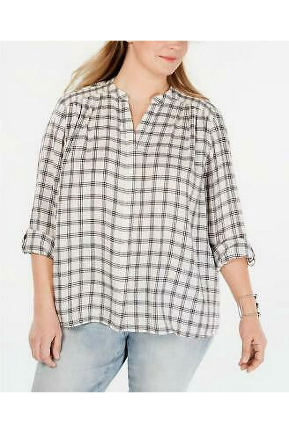 Style&co. Women's Plus Plaid Smocked Long Roll Tab Sleeve Shirt Size 2X MSRP $59