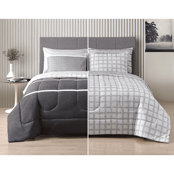 Style2 Mix & Match 7-Piece Reversible Bed in a Bag Comforter Set with Sheets, Gray, Queen