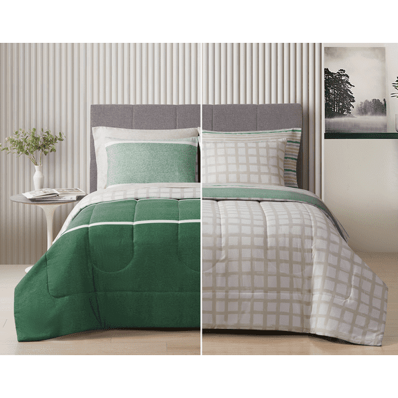 Style2 Mix & Match 7-Piece Reversible Bed in a Bag Comforter Set with Sheets, Green, Full
