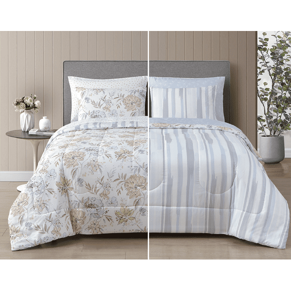 Style2 Mix & Match 7-Piece Reversible Bed in a Bag Comforter Set with Sheets, Pink and Blue, King
