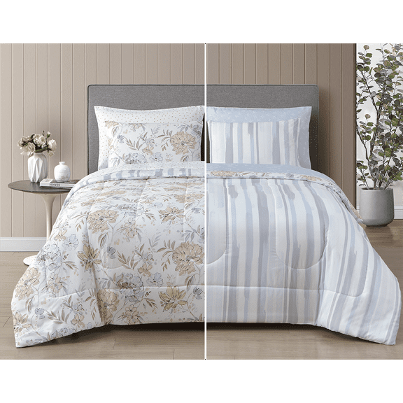 Style2 Mix & Match 7-Piece Reversible Bed in a Bag Comforter Set with Sheets, Pink and Blue, Queen