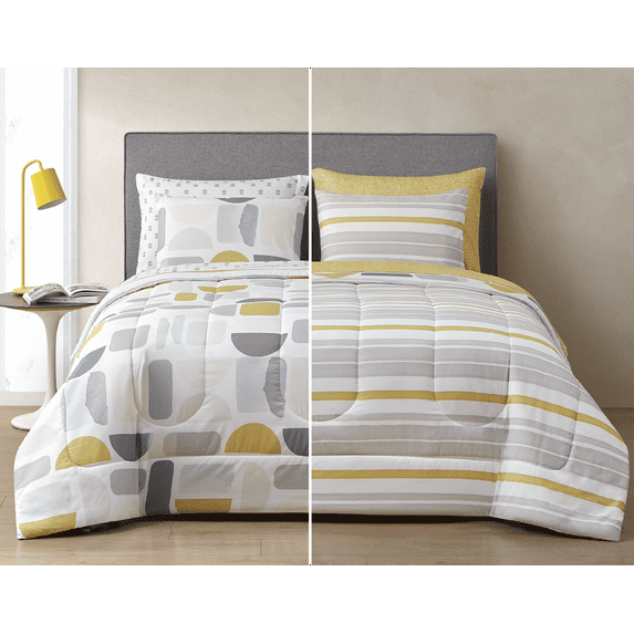 Style2 Mix & Match 7-Piece Reversible Bed in a Bag Comforter Set with Sheets, Gray and Yellow, Full