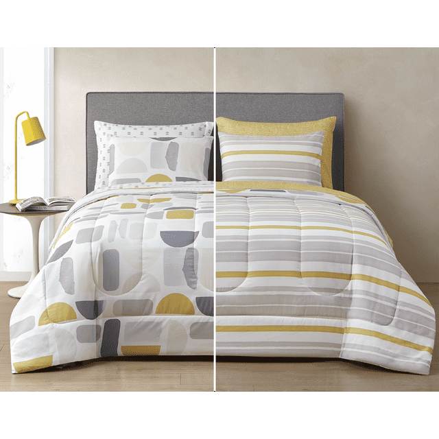 Style2 Kaiser Gray and Yellow 7-Piece Mix & Match Reversible Bed in a Bag, Queen