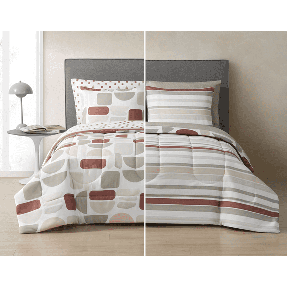 Style2 Mix & Match 7-Piece Reversible Bed in a Bag Comforter Set with Sheets, Terracotta, Full