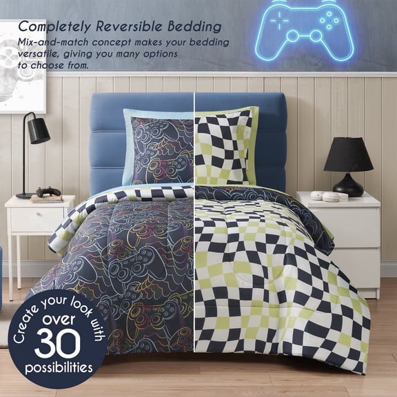 Style2 Mix & Match 5-Piece Reversible Bed in a Bag Comforter Set with Sheets, Gamer Blue, Twin