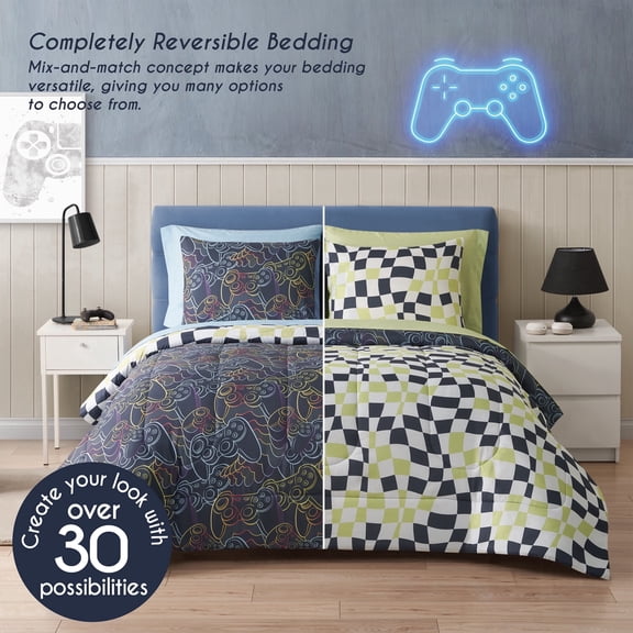 Style2 Mix & Match 7-Piece Reversible Bed in a Bag Comforter Set with Sheets, Gamer Blue, Queen