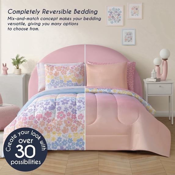 Style2 Mix & Match 7-Piece Reversible Bed in a Bag Comforter Set with Sheets, Pink Floral, Full
