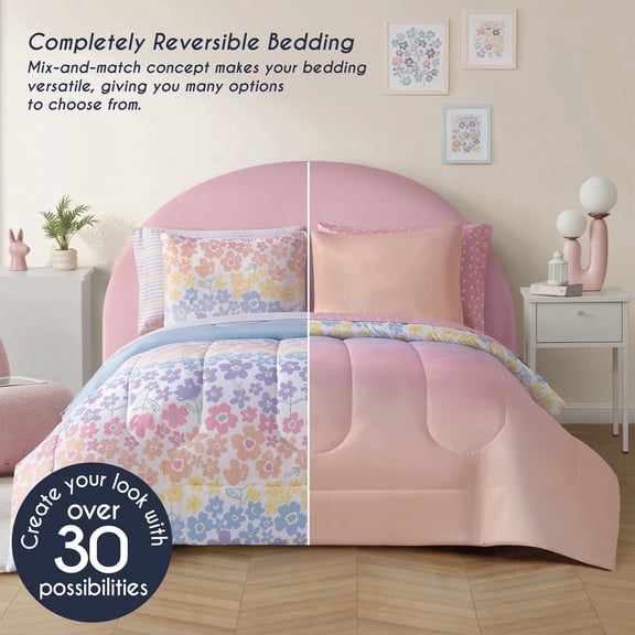 Style2 Mix & Match 7-Piece Reversible Bed in a Bag Comforter Set with Sheets, Pink Floral, Queen
