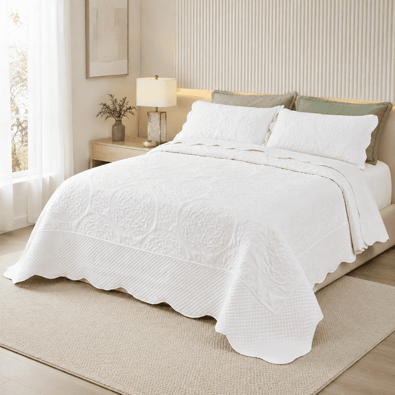 Style4 White Super King 128 Oversized Quilted Bedding Coverlet Set