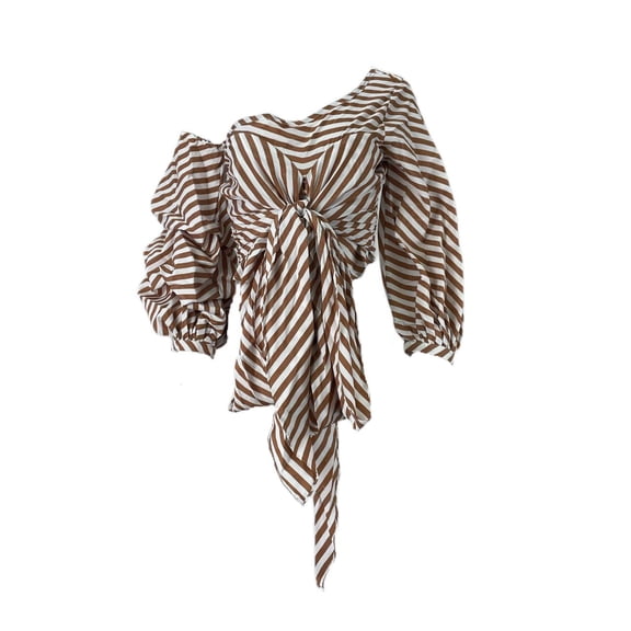 StyleKeepers Women's Neiman Marcus One Shoulder Top, Striped Brown, S