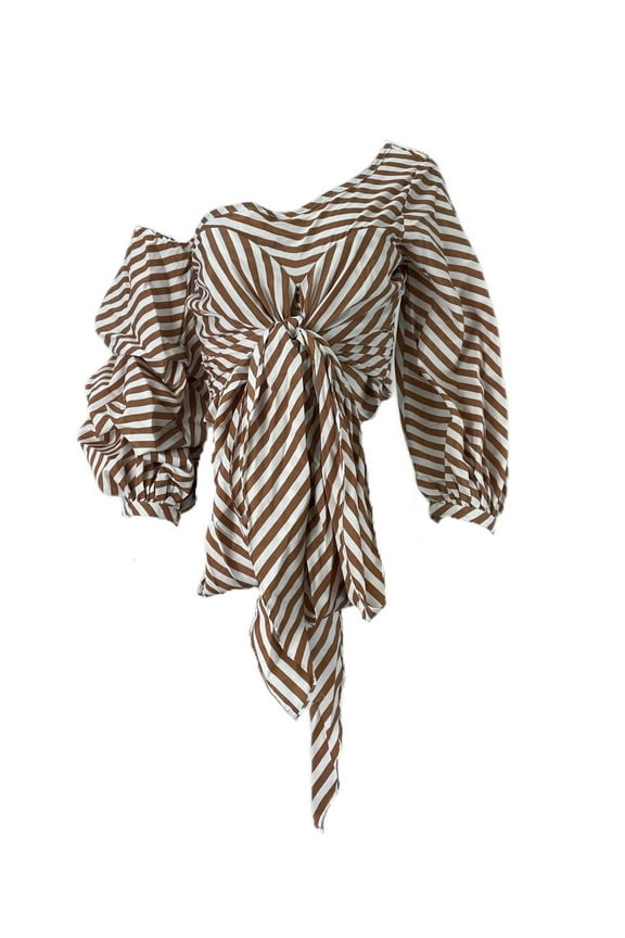 StyleKeepers Women's Neiman Marcus One Shoulder Top, Striped Brown, XS