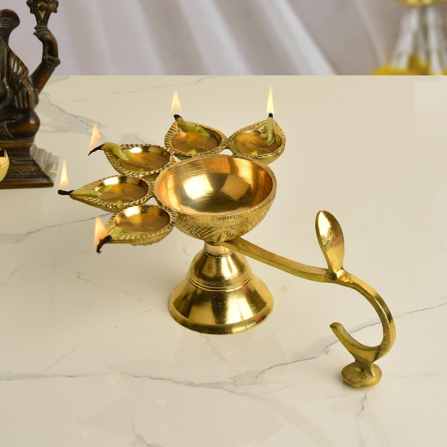 Peacock Aarti Diya With Handle - Brass, 5-Face Camphor Burner, Panch Aarti For Puja, Diwali, Home Mandir Decor