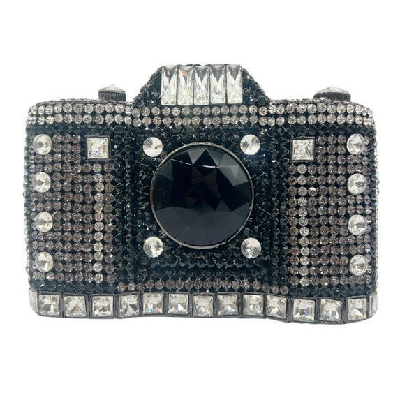 StyleSack Camera Rhinestone Clutch for Women, Retro Evening Bag with Detachable Strap & Gemstone Lens