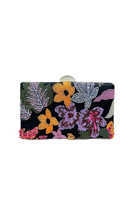 Floral Embroidered Sequin Clutch Box Bag for Women, Trendy Evening Party Handheld Crossbody Purse