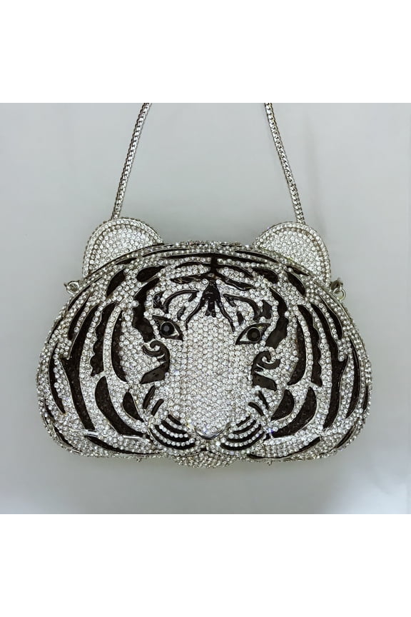 Luxury Crystal-Embellished Tiger Head Statement Clutch - Evening Handheld Purse for Parties, Galas & Collections (Gold/Silver)