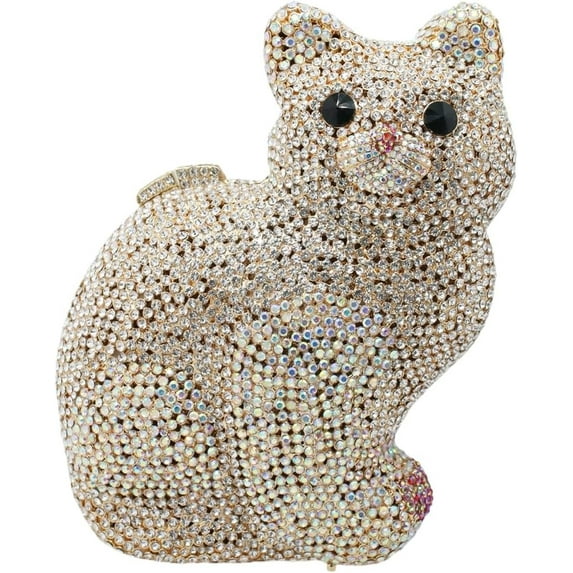 StyleSack Luxury Hand-Embellished Cat Rhinestone Evening Clutch - 3D Crystal Animal Purse with Detachable Chain | Party/Wedding/Gala Accessory