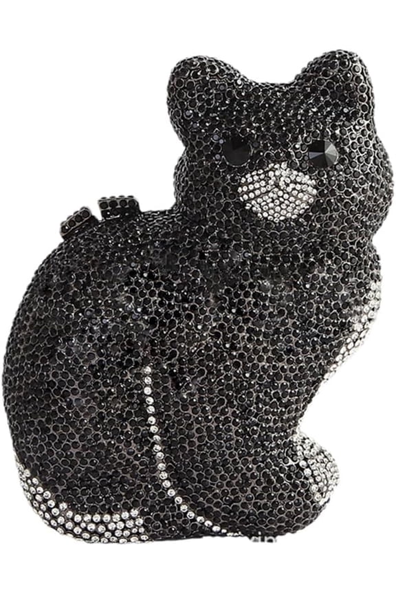 Luxury Hand-Embellished Cat Rhinestone Evening Clutch - 3D Crystal Animal Purse with Detachable Chain | Party/Wedding/Gala Accessory