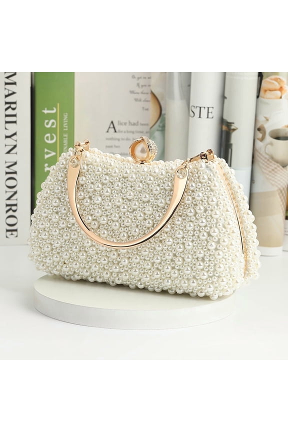 Pearl Embellished Clutch Evening Bag for Women, Detachable Handle Handheld Purse - Trendy Daily Cosmetic Phone Storage Bag