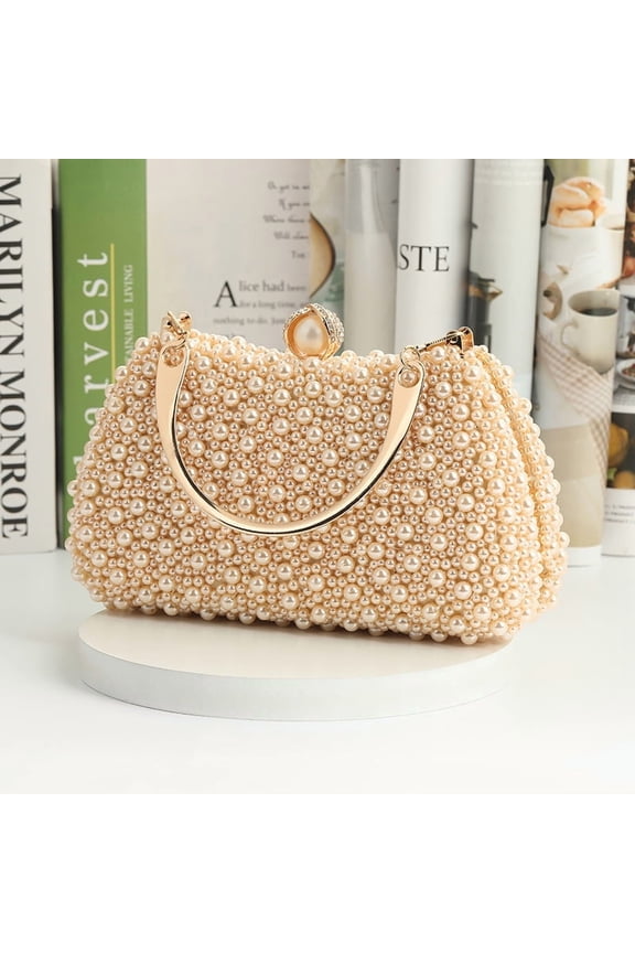 Pearl Embellished Clutch Evening Bag for Women, Detachable Handle Handheld Purse - Trendy Daily Cosmetic Phone Storage Bag