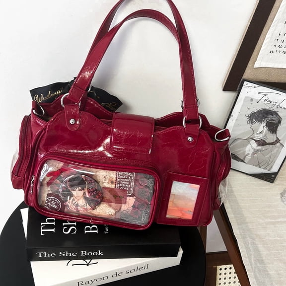 StyleSack Pins Display Crossbody Bag - Clear Window PU Leather Handbag, Big Capacity with Adjustable Chain Strap (Single Shoulder/Versatile Use)​