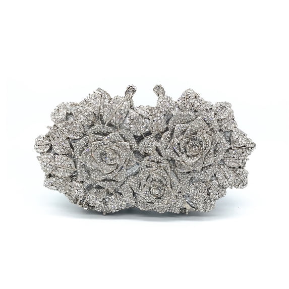 StyleSack Rose Crystal Clutch Purse for Women - Rhinestone Evening Bag, Wedding Party Purse with Chain