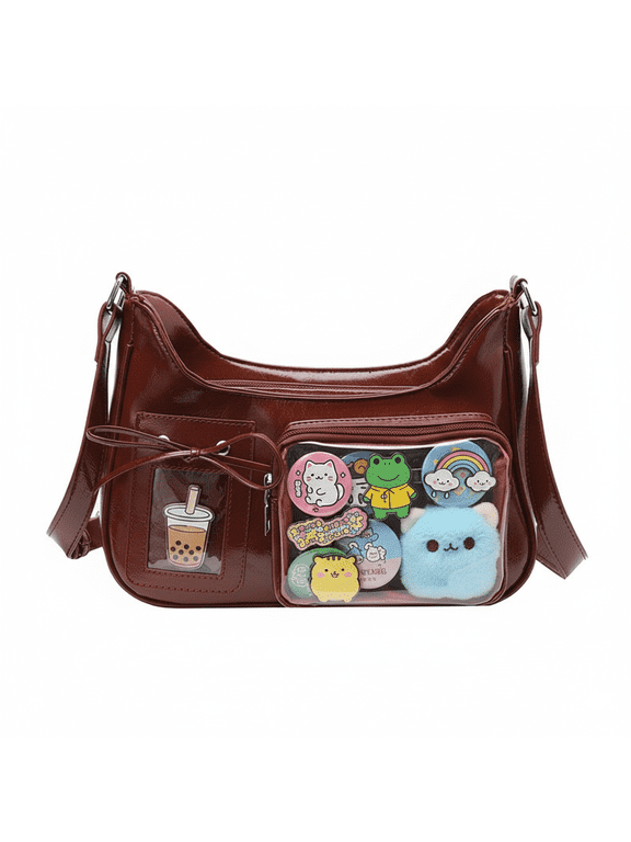 Y2K Ita Crossbody Bag - Cute Aesthetic Pin Display Handbag, Patent Material JK Lolita Bag for Anime Cosplay