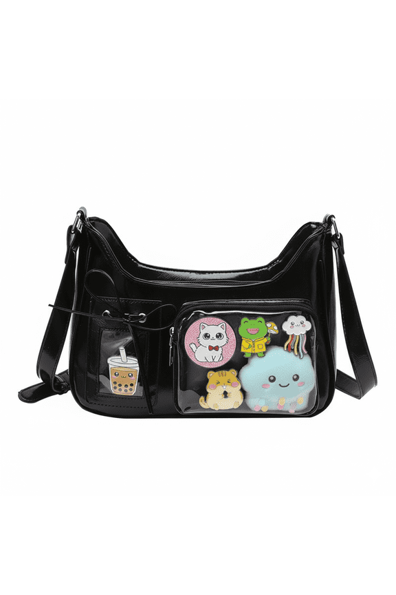 Y2K Ita Crossbody Bag - Cute Aesthetic Pin Display Handbag, Patent Material JK Lolita Bag for Anime Cosplay