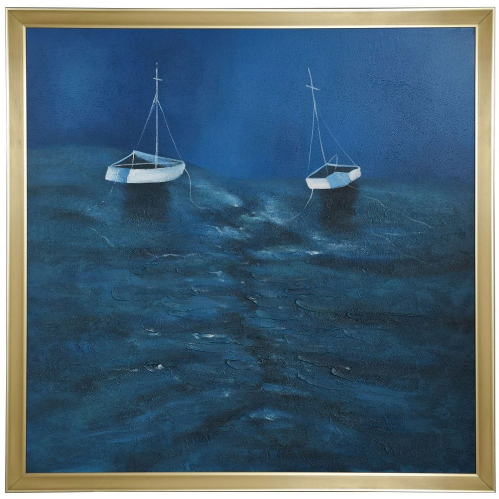 Blue Water Sailboat Coastal Hand Painted Canvas with Gold Frame