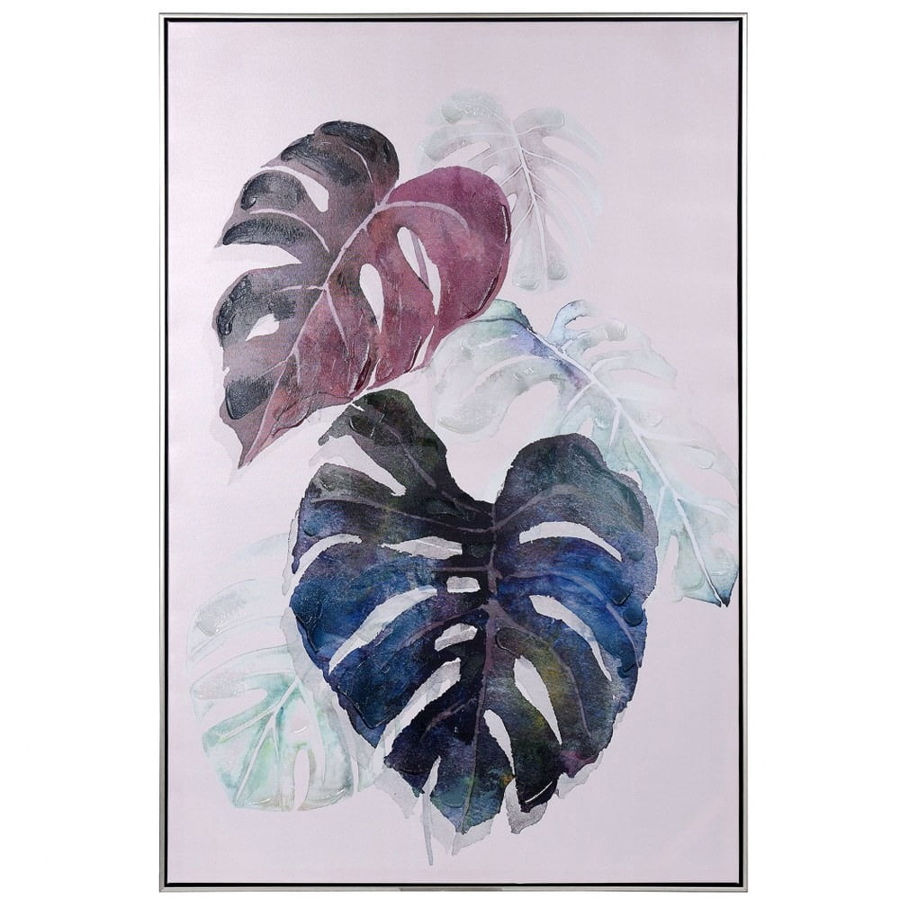 Colorful Botanical Leaves Print on Canvas with Purple and Blue Hues
