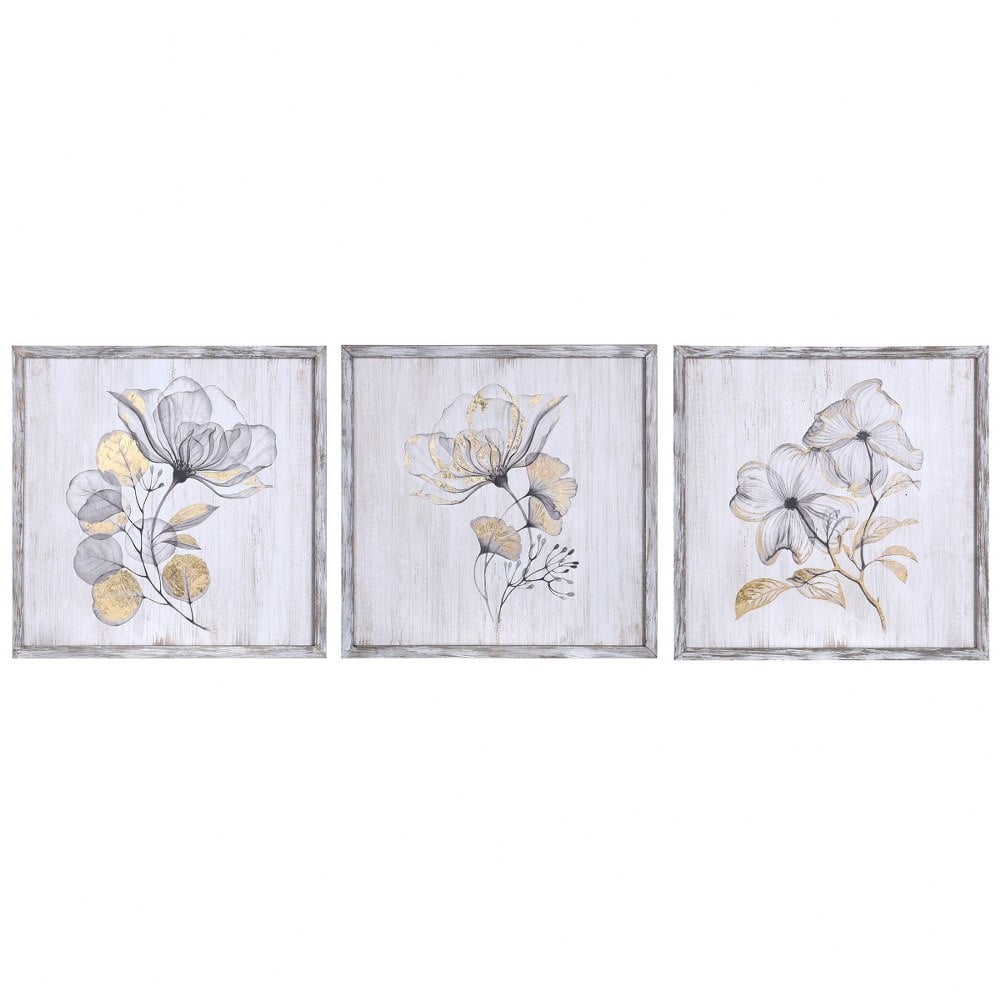 Set of 3 Gold Accented Floral Prints in Antique Wood Frames