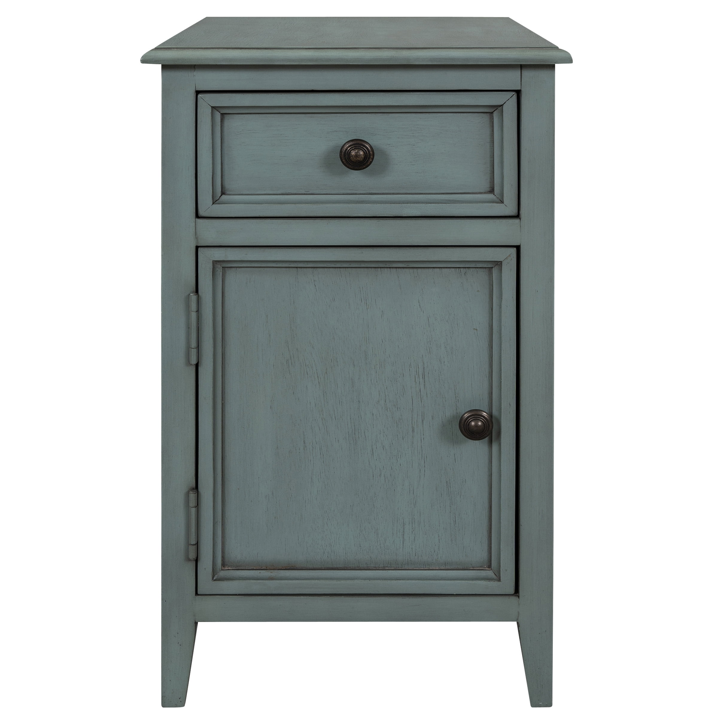 Aged Seafoam Modern Side Table with Storage Drawer and Cabinet
