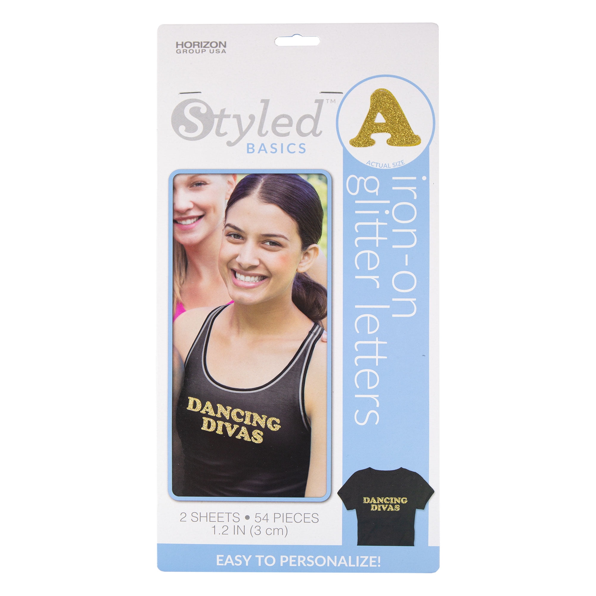 Styled Basics 1.22” Gold Glitter Iron-On Letters, 2 Sheets, 54 Pieces