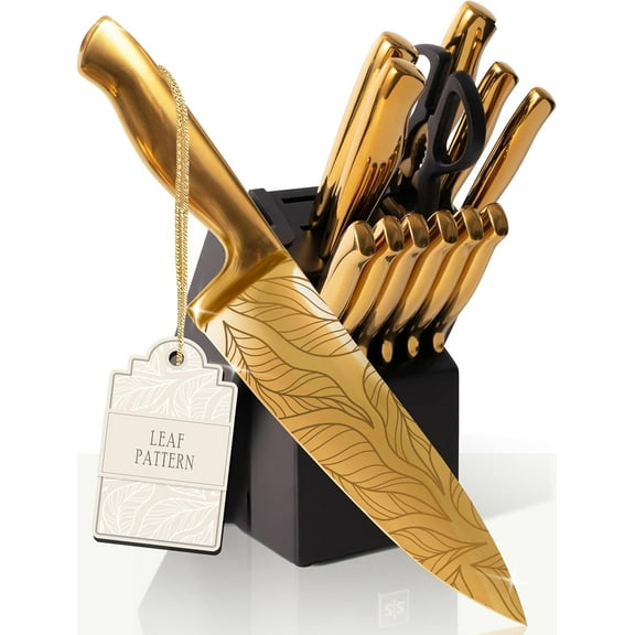 Styled Settings 14-Piece Gold Knife Set with Block and Built-In Sharpener, Titanium-Coated Blades with Leaves Pattern, Black Block