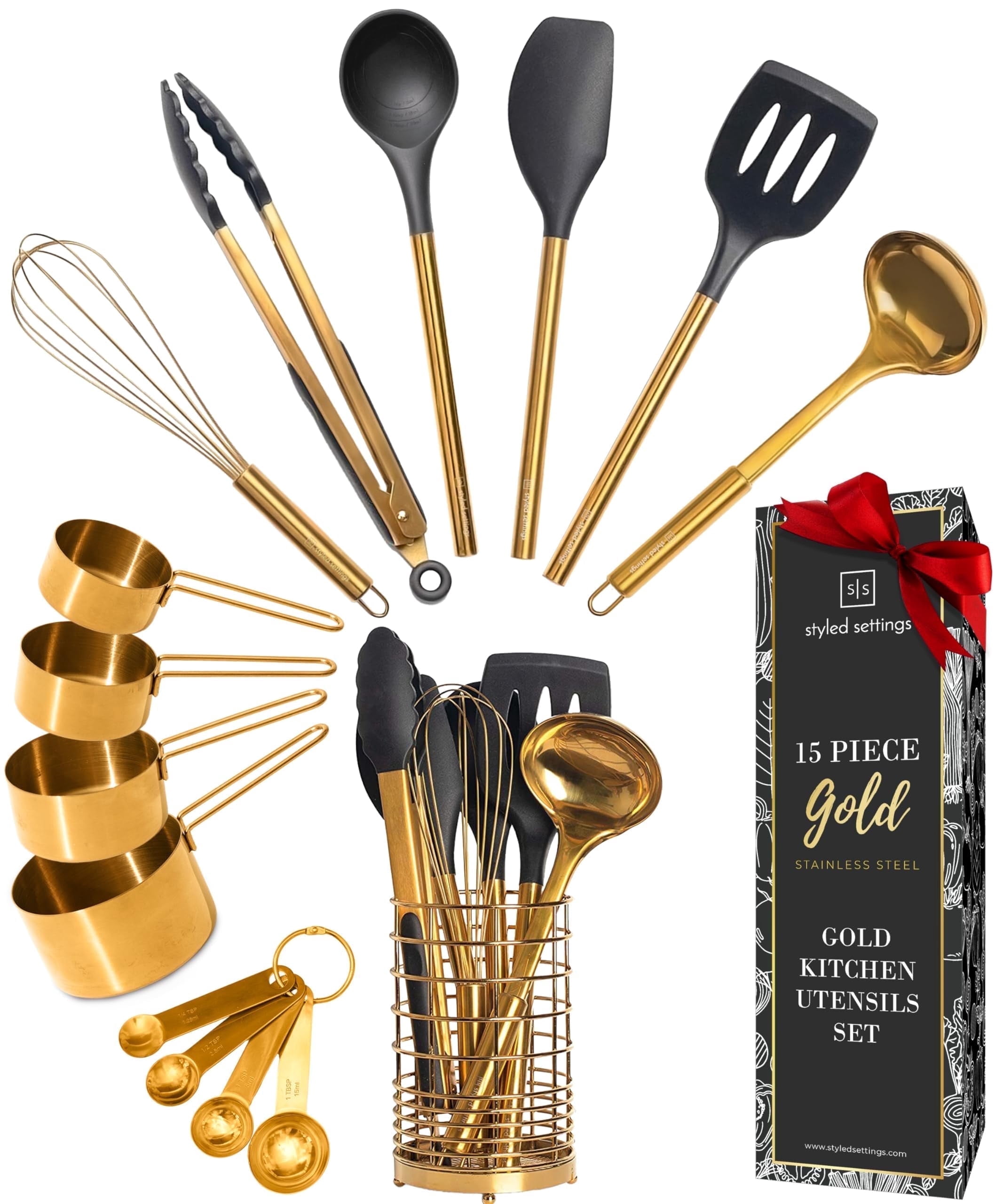 Styled Settings 15-Piece Black and Gold Kitchen Utensils Set with Measuring Cups & Spoons, BPA-Free